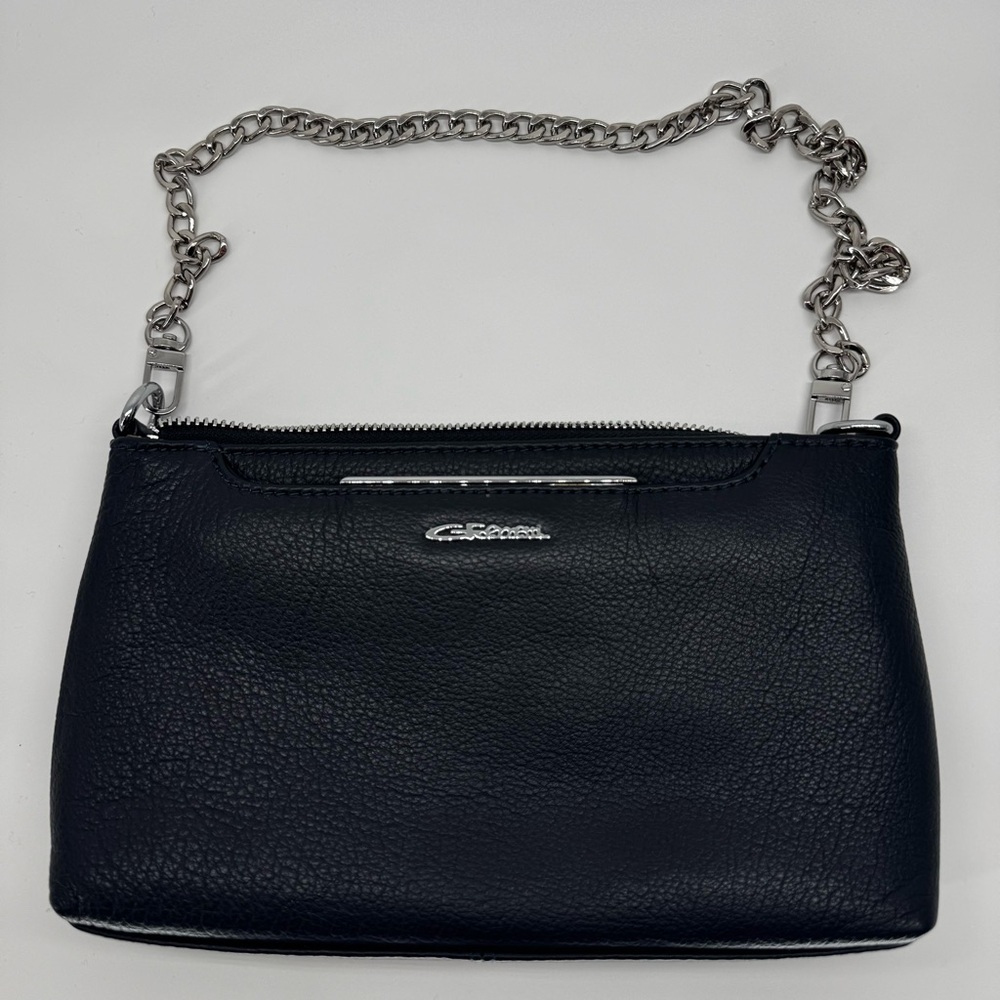 Giorgio Ferretti Black Leather Crossbody Bag Silver Chain Strap Pebbled Finish